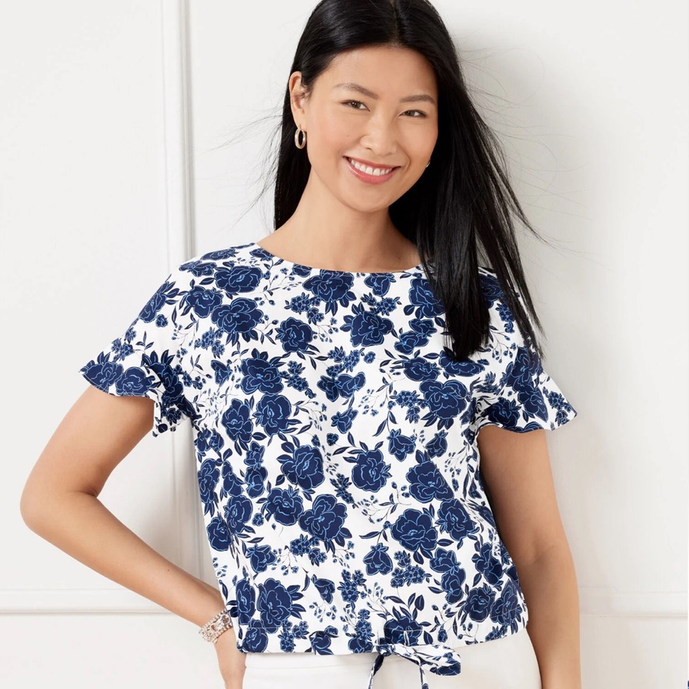 TALBOTS TIE FRONT TOP BLUSHING ROSES INDIA INK SMALL PETITE NWT